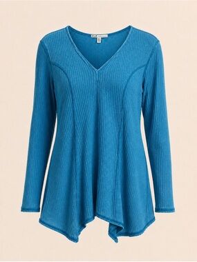 Seven7 Turquoise Waffle Knit V-Neck Sharkbite Hem Top Small